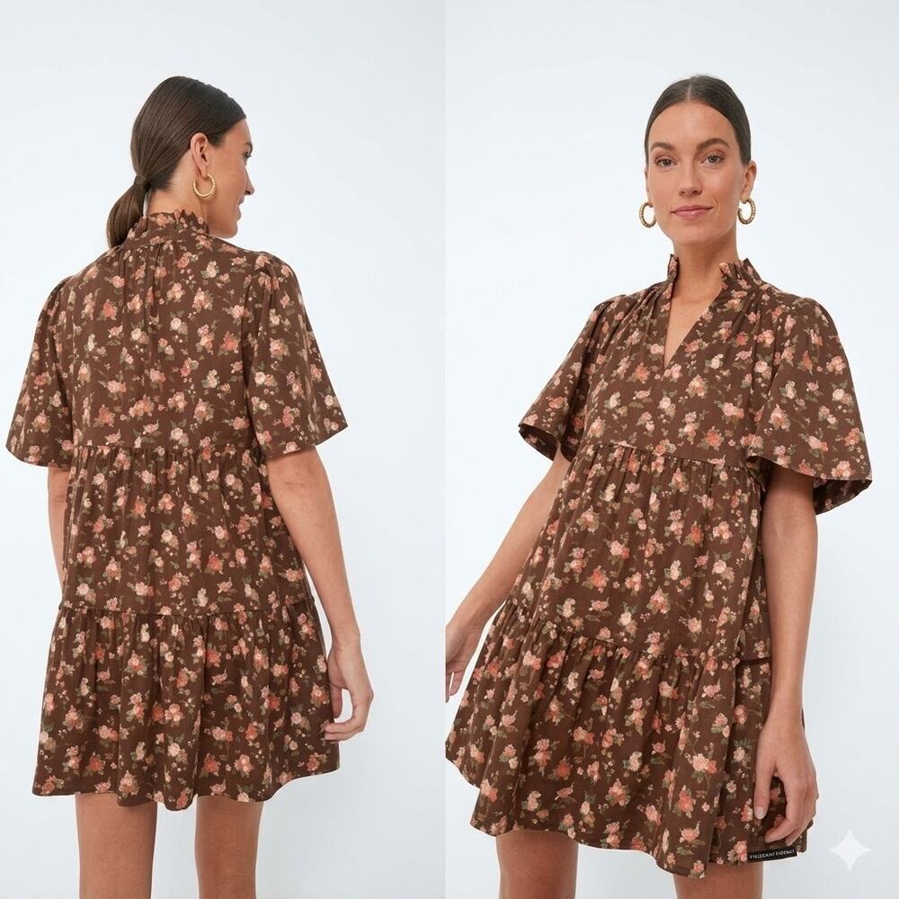 TUCKERNUCK Brown Floral Flutter Sleeve Crawford Dress Rosewood Chintz Size L NWT